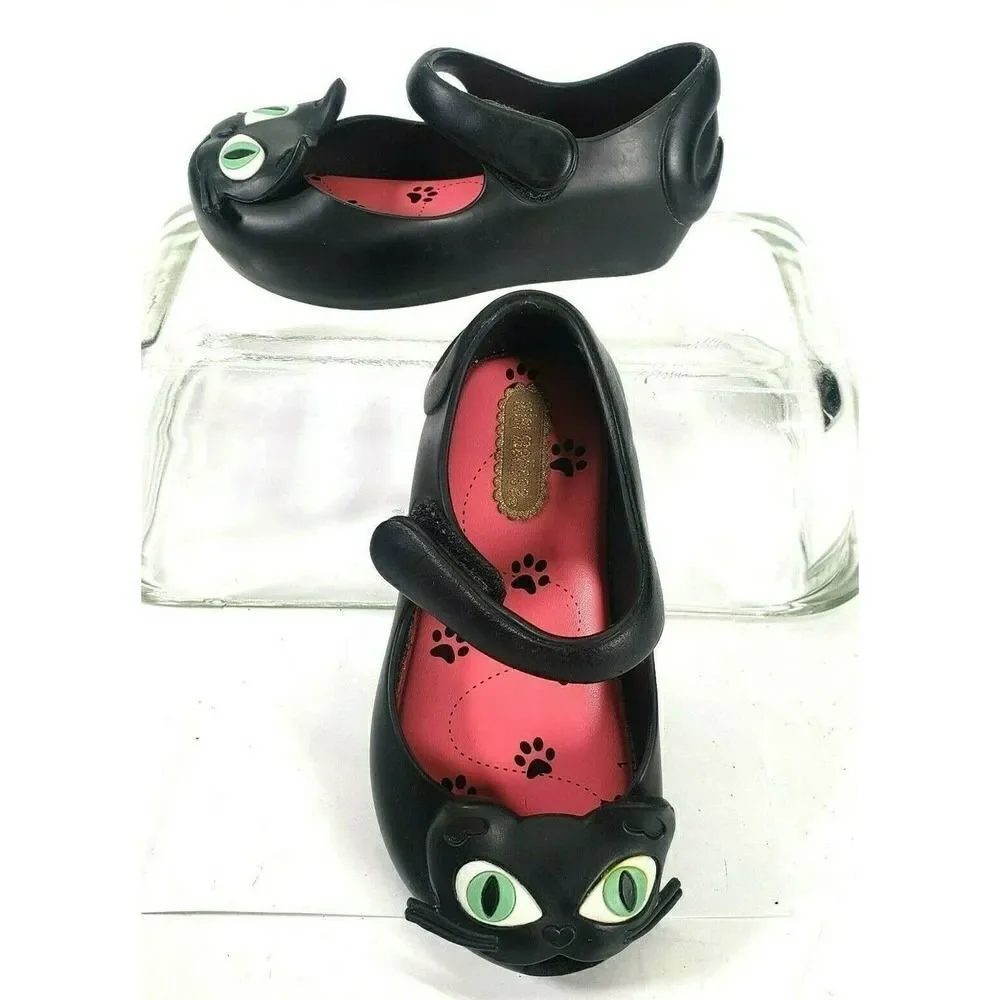 Mini Melissa girls size 7 black‎ cat ultragirl mary jane peep toe hook and loop